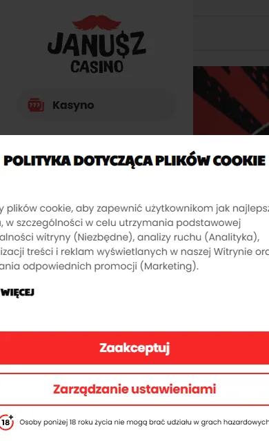 Strona Janusz Casino w przeglądarce telefonu z menu i banerem